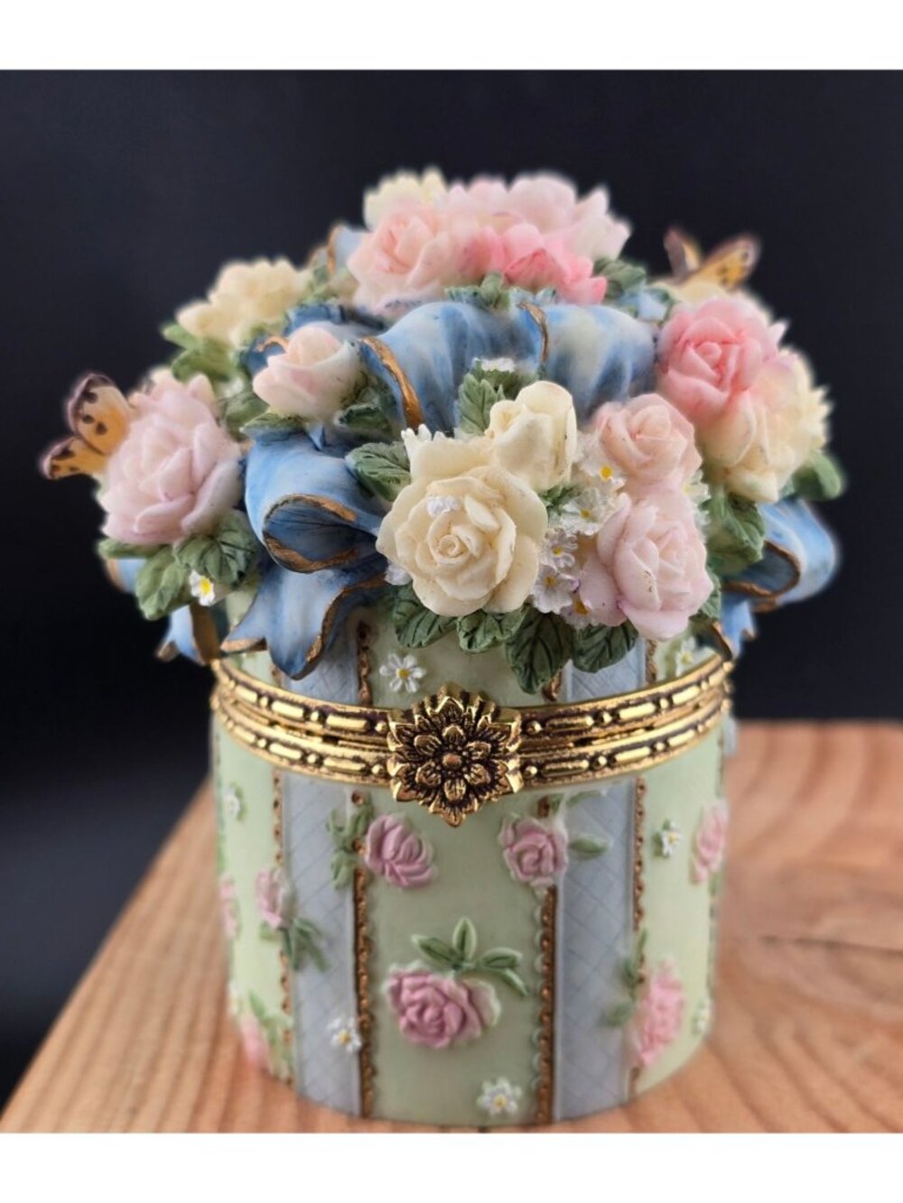 Flower and Butterfly Porcelain Trinket Box 3" Tall READ